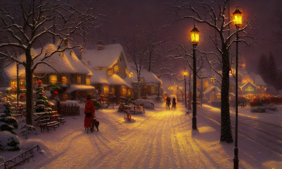 Snowy Evening Village Scene with People Walking Along Lamp-lit Path