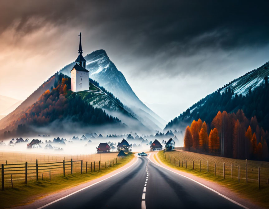 Scenic road to small church by misty mountains in autumn