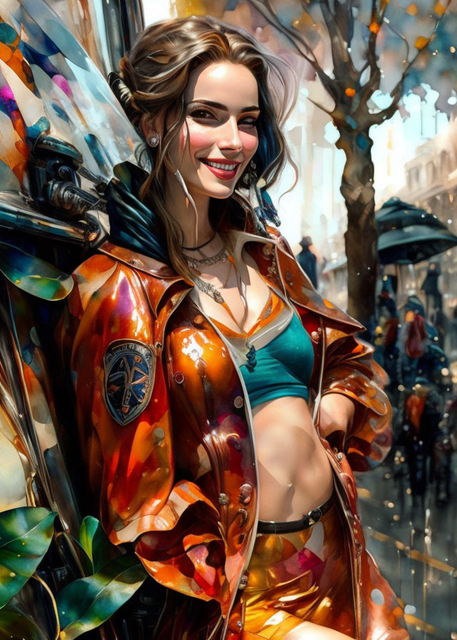 Colorful Digital Painting: Smiling Woman in Glossy Coat