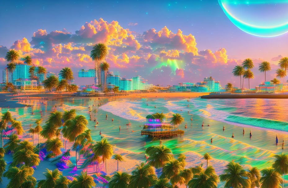 Colorful Beachscape with Palm Trees, People, and Oversized Crescent Moon