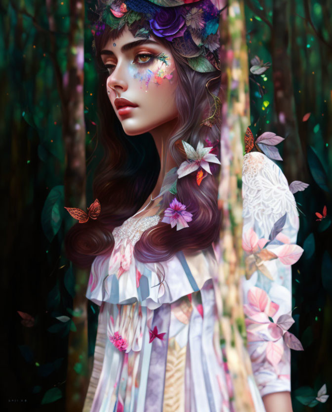 Whimsical portrait of a woman in nature with butterflies and flowers