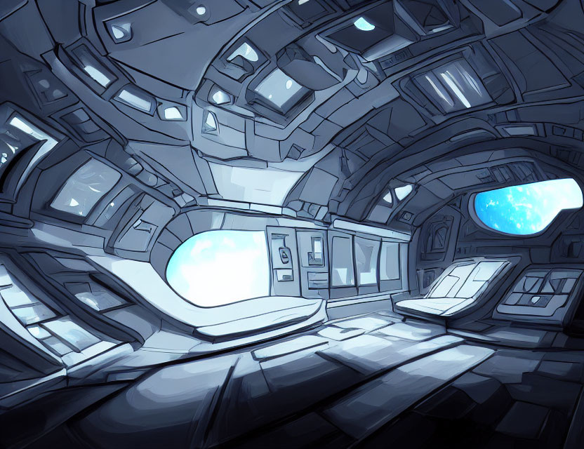 Futuristic spacecraft interior with central bed and control panels