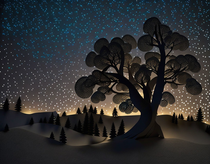 Stylized tree in whimsical night scene with star-filled sky