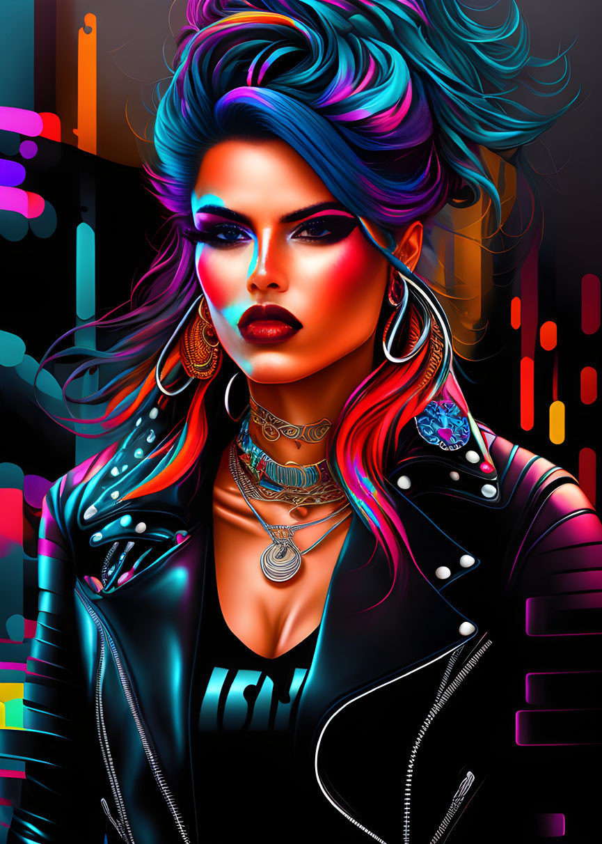 Colorful digital portrait of a woman with blue and purple hair in edgy attire against neon urban background