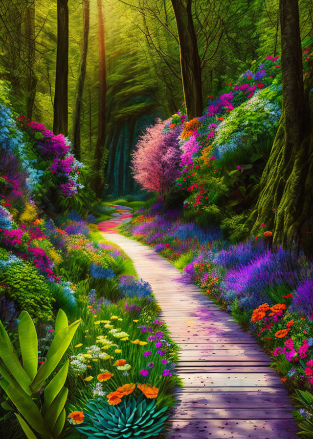 Scenic forest path with colorful flowers and lush greenery