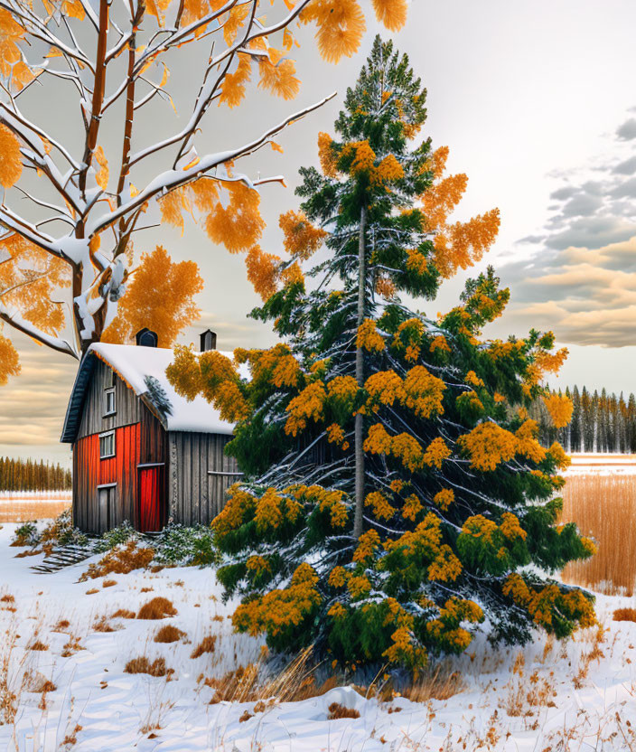 Cozy wooden cottage in snowy landscape with red door and pine tree