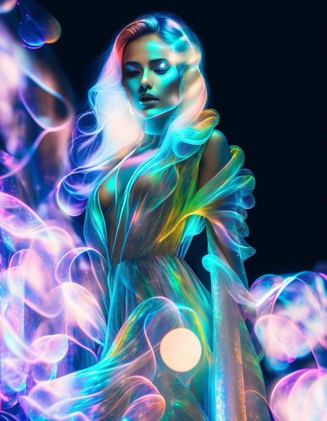 Flowing hair woman in draped dress surrounded by vibrant neon lights