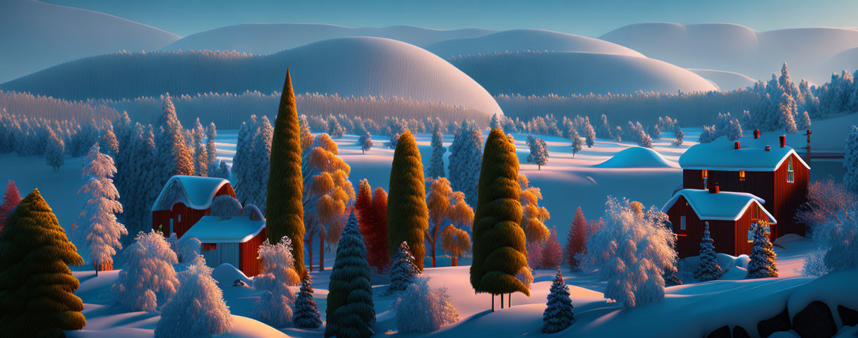 Snow-covered hills, frosty forest, and red houses in serene winter panorama