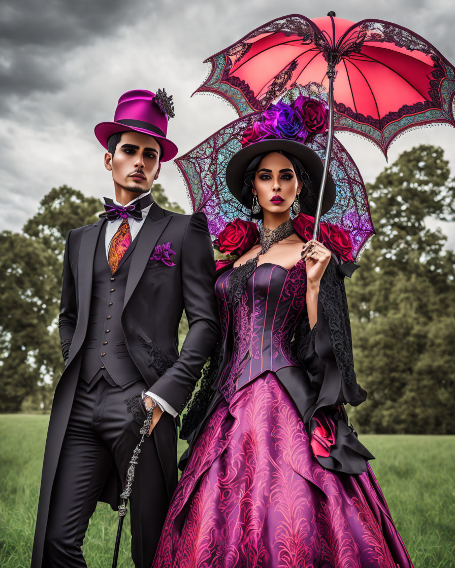 Victorian-style Couple in Elaborate Costumes Under Cloudy Sky