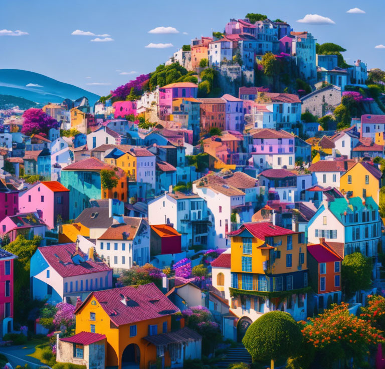 Colorful Hillside Village Under Clear Blue Sky