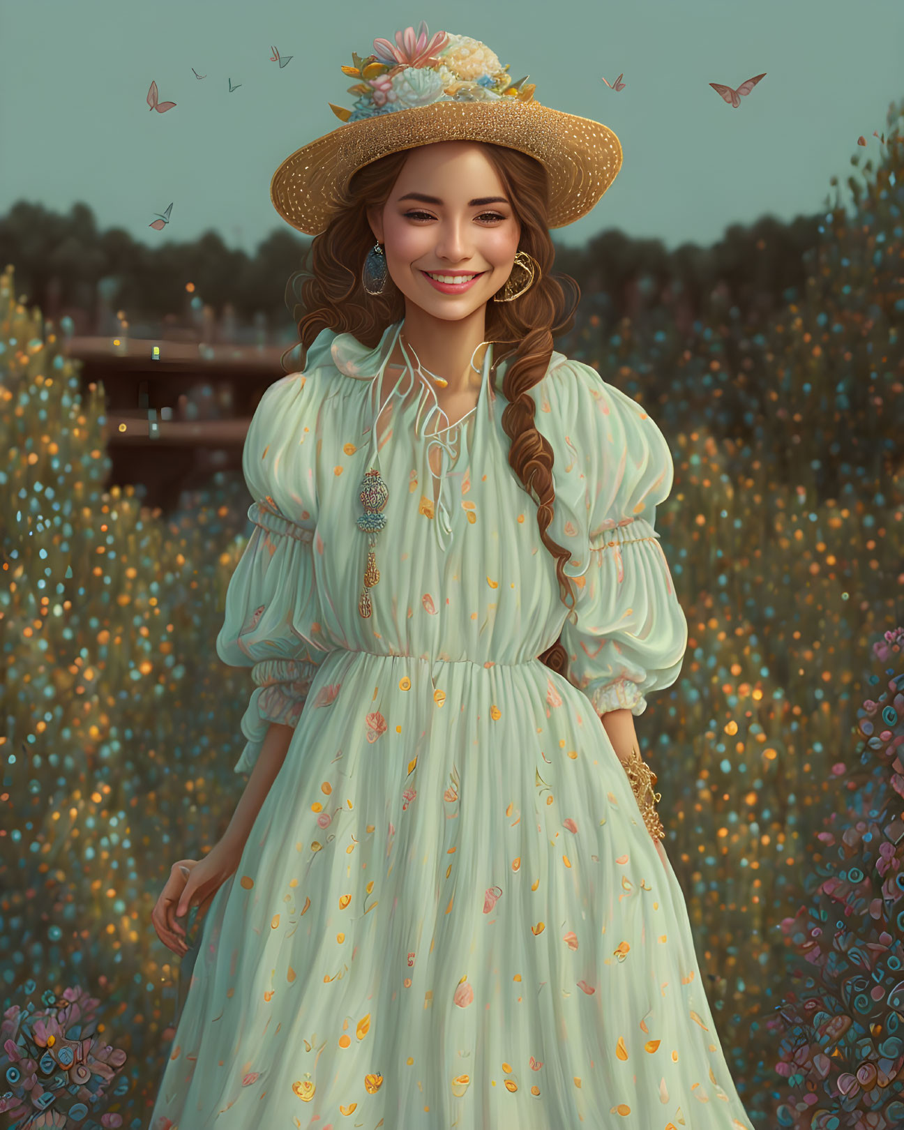 Smiling woman in vintage light green dress with floral patterns in field with butterflies