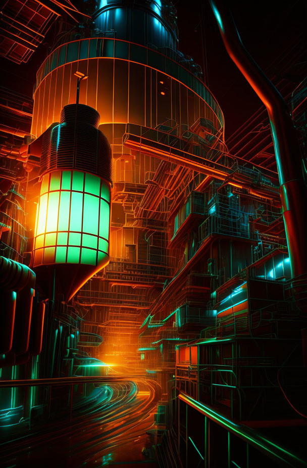 Glowing neon lights in futuristic industrial setting