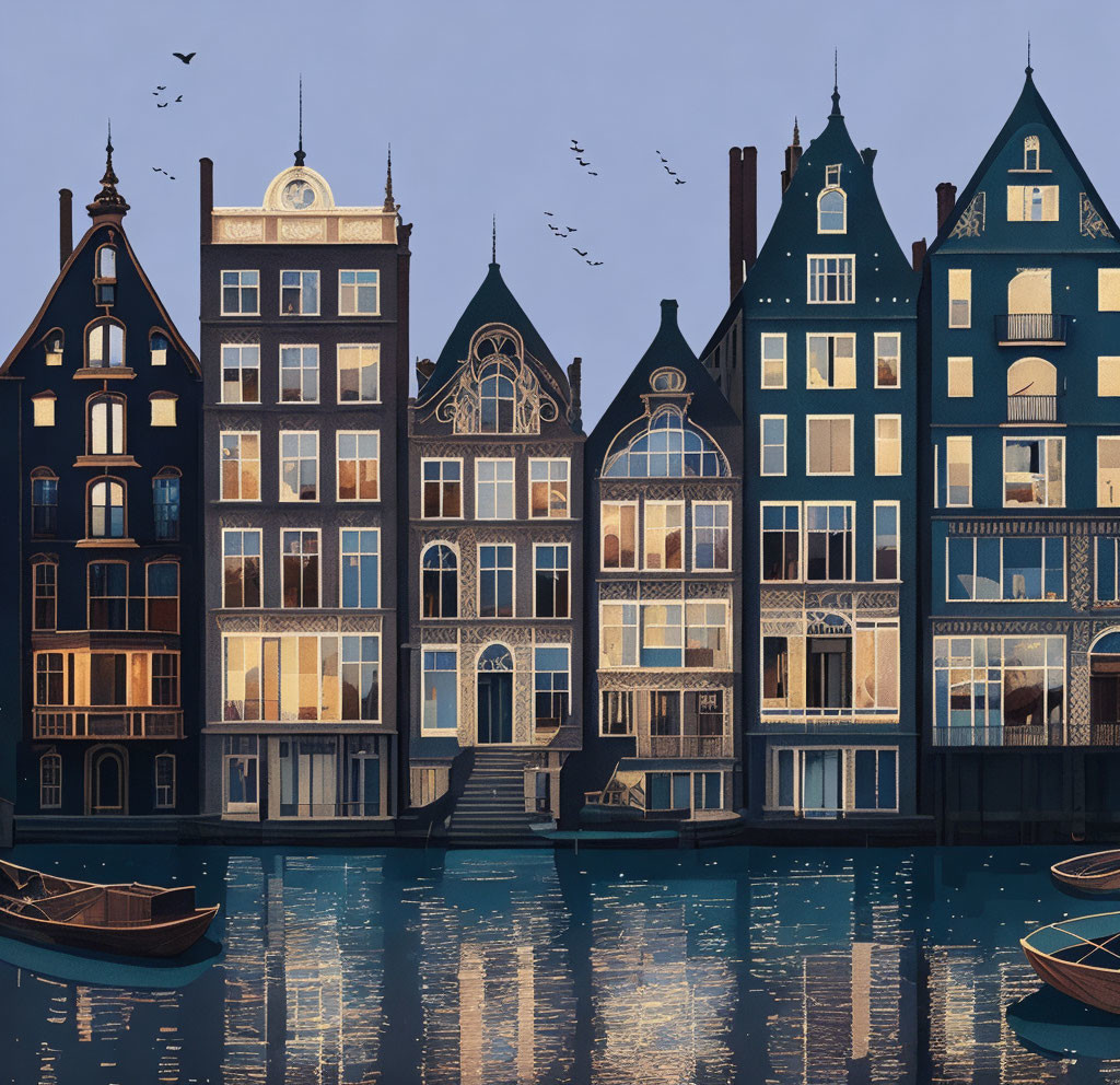 Tranquil dusk scene: European canal houses, boats, birds