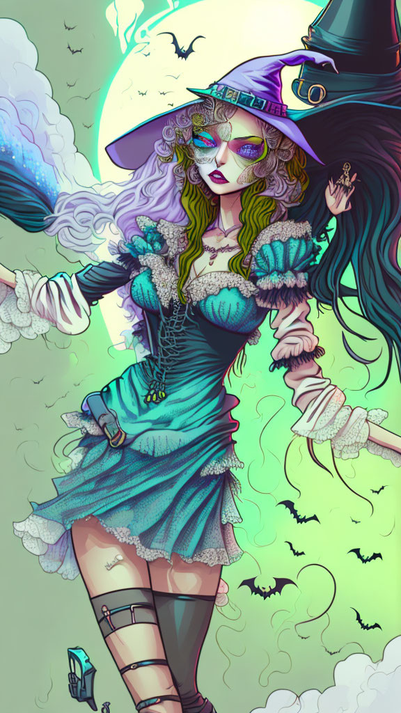 Whimsical witch illustration in blue and black dress with purple hair