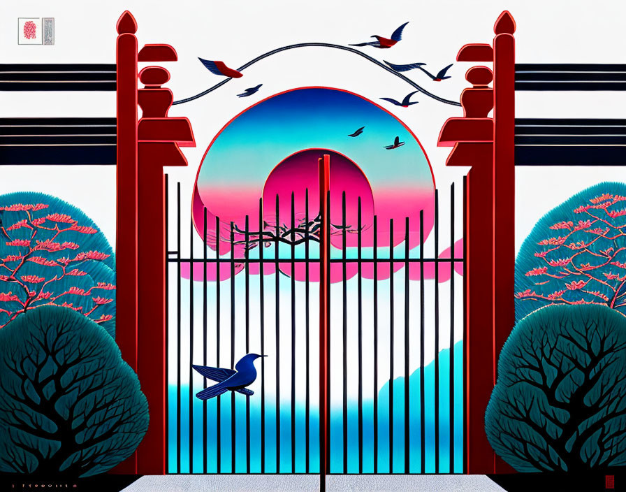 Symmetric Scene with Ornate Gate, Trees, Sunset Background, and Birds