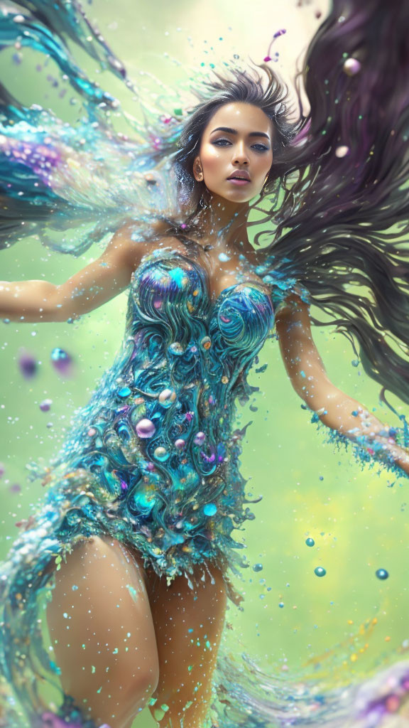 Fantastical woman in ornate dress splashing into colorful liquid