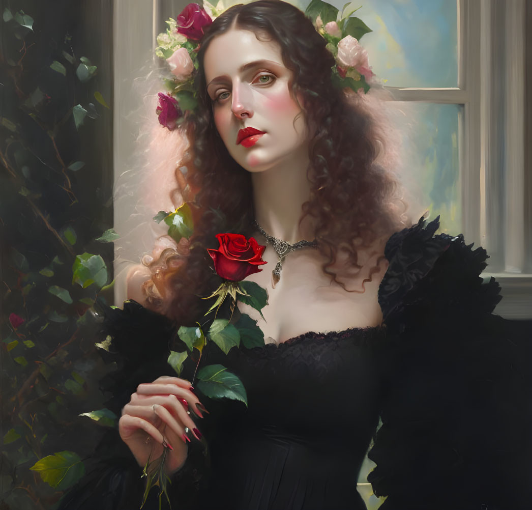 Portrait of woman with long curly hair, red rose, black dress, surrounded by greenery and pink