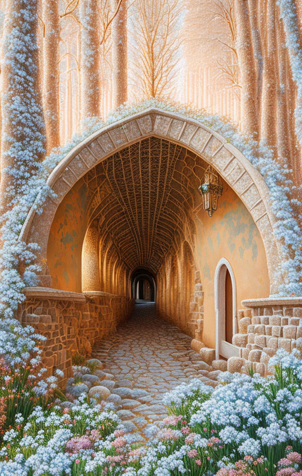 Snowy forest tunnel with floral edges in warm light