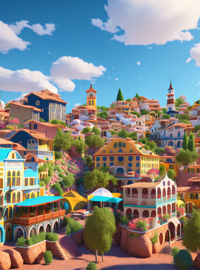 Colorful Mediterranean Village with Cobblestone Paths & Lush Greenery