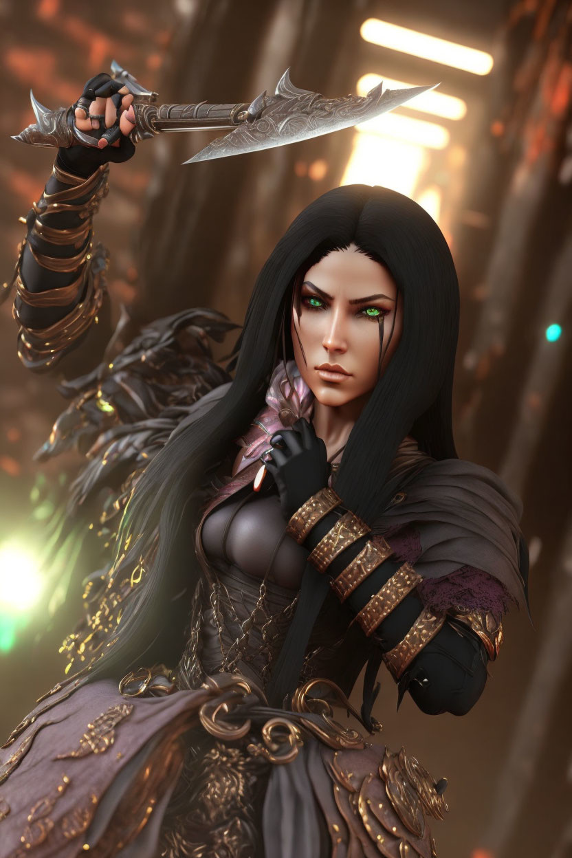 Female Elf Warrior with Blade in Dark Armor in Forest