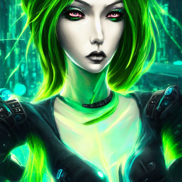 Digital artwork: Female figure with green hair in futuristic attire, set in neon cityscape