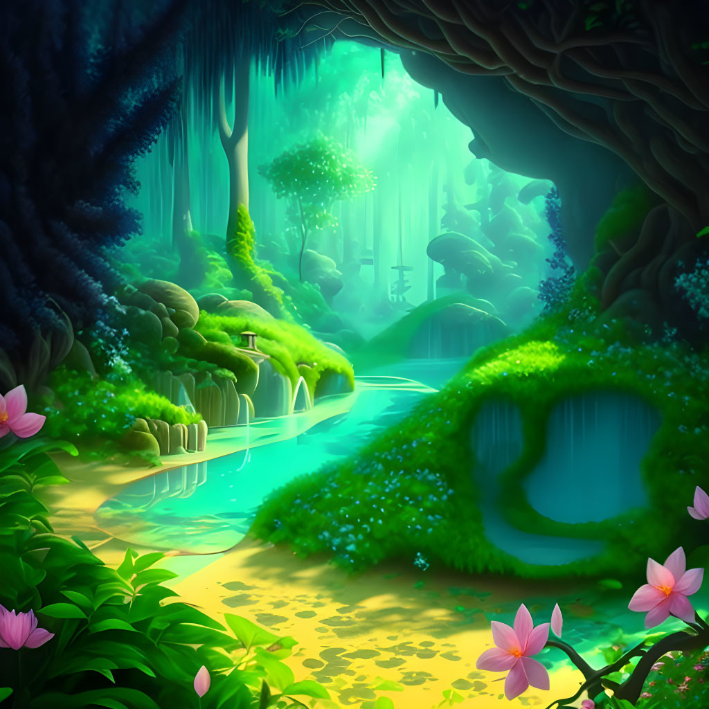 Enchanted forest with glowing river, waterfalls, and pink flowers