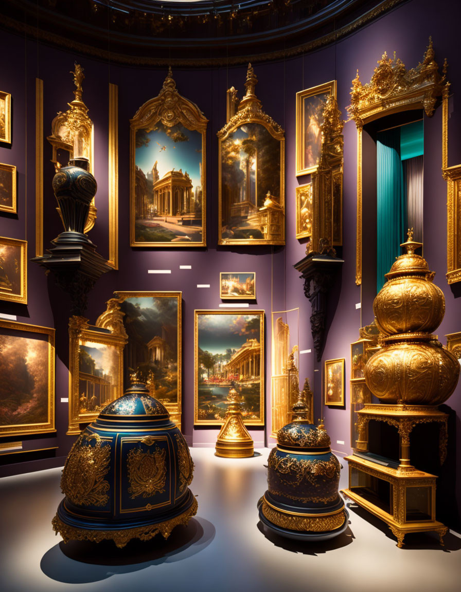 Elegant gallery with gold-framed paintings on purple walls