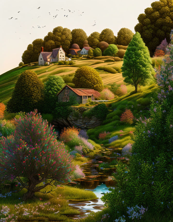 Tranquil countryside landscape with rolling hills, stream, trees, houses, and sunset glow