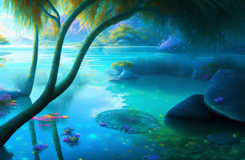 Vibrant fantasy landscape with luminous plants and reflective water