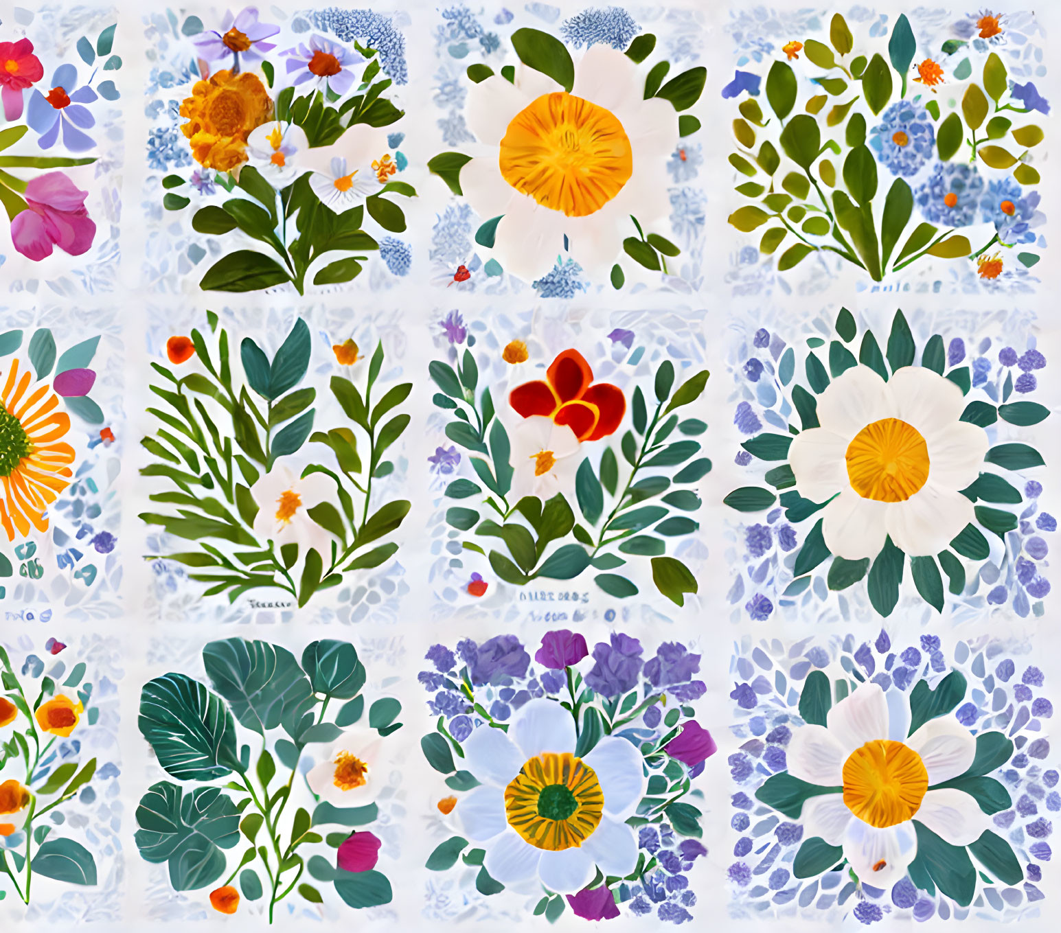 Vibrant Floral Collage Featuring Diverse Botanical Patterns