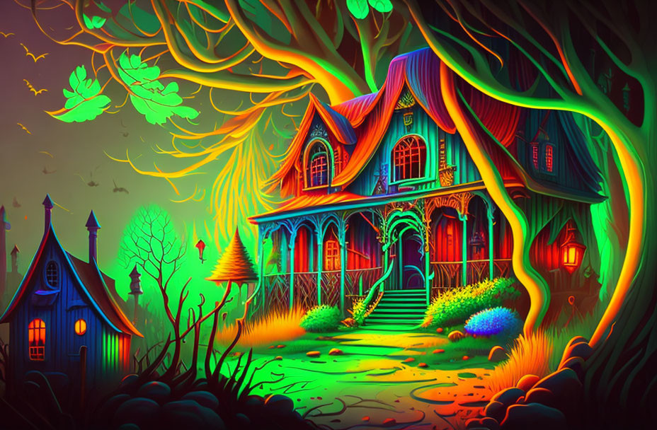 Fantasy house surrounded by glowing, twisted trees in a magical scene