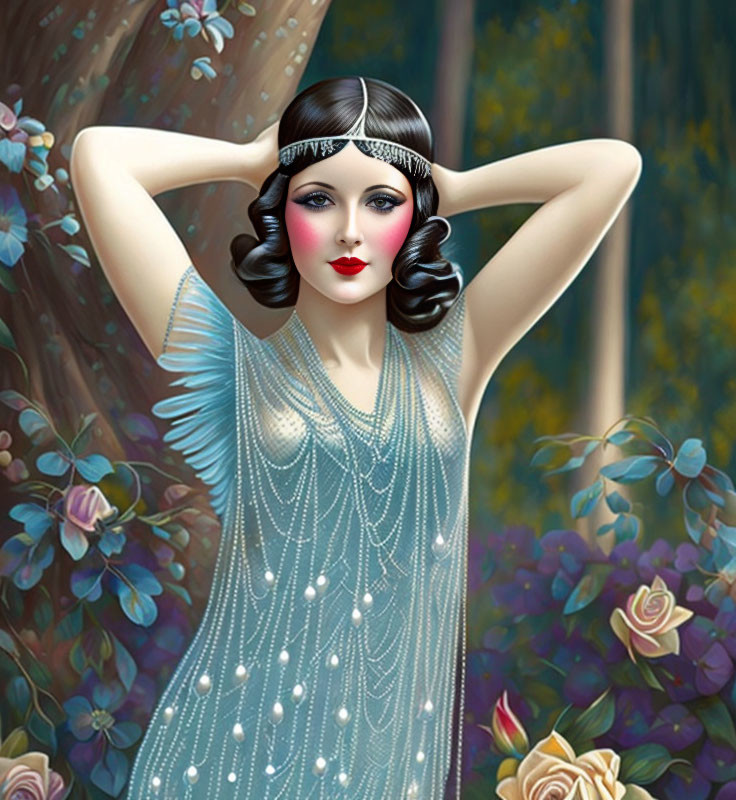 1920s flapper woman in beaded fringe dress with bob haircut against floral backdrop