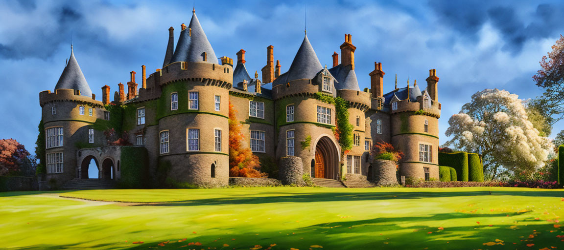 Majestic castle with multiple spires in lush green landscape