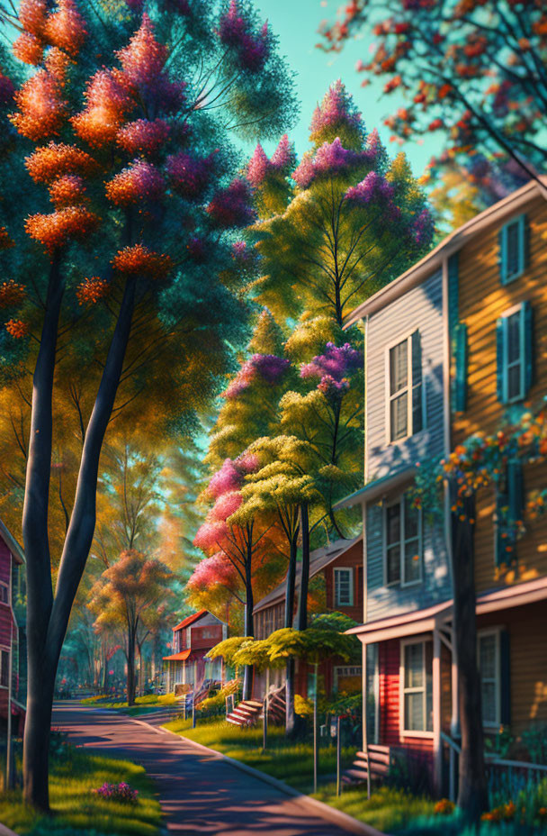 Colorful suburban street with vibrant trees and quaint houses in warm sunlight