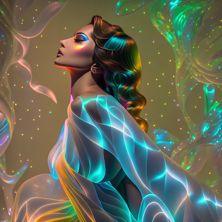 Colorful digital artwork of woman with flowing hair and attire, surrounded by glowing abstract shapes on gradient background