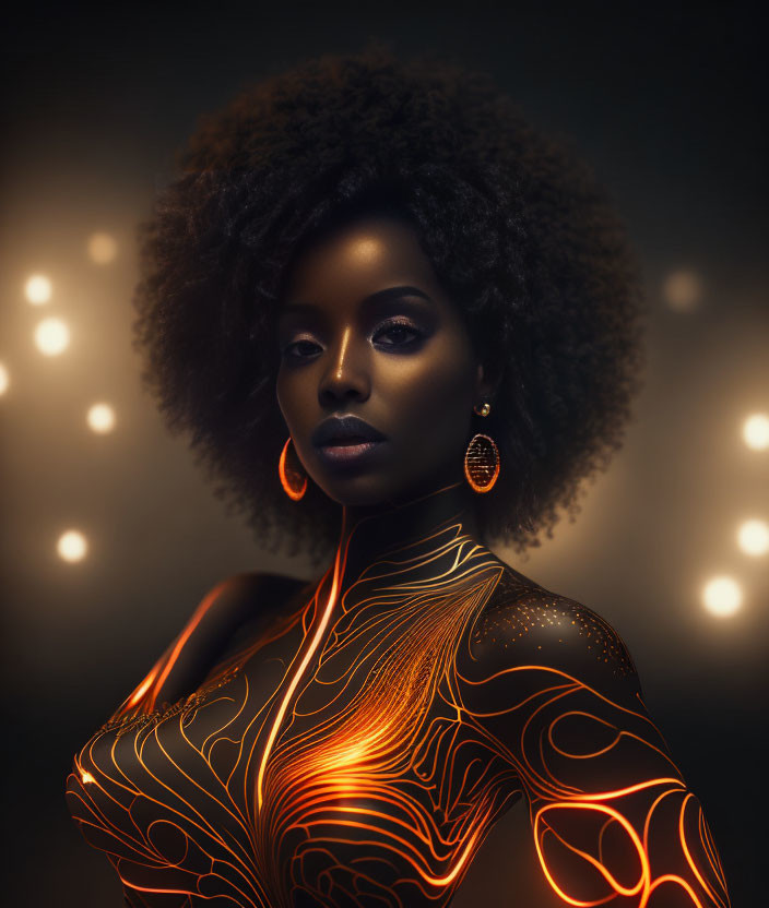 Woman with Afro Hairstyle and Glowing Body Art on Dark Background