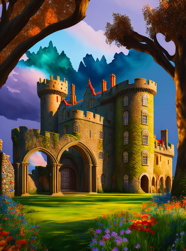 Animated castle in lush garden with vibrant flowers under twilight sky