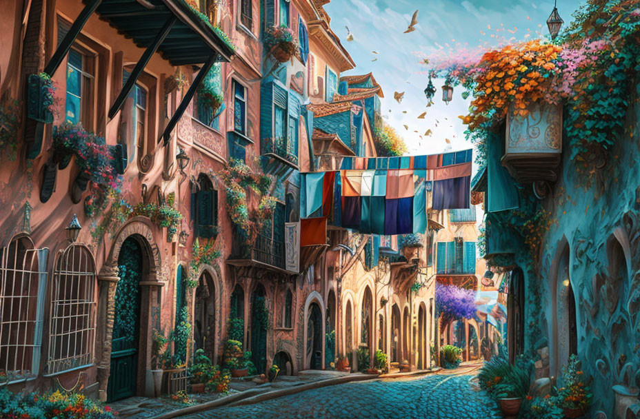 European Alley Scene: Cobblestone Street, Colorful Laundry, Flower Baskets, Birds, Sunny