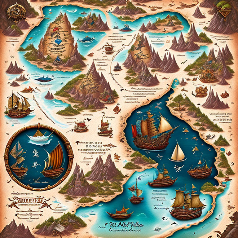 Detailed Illustrated Treasure Map with Mountains, Ships, Sea Creatures, and Compass