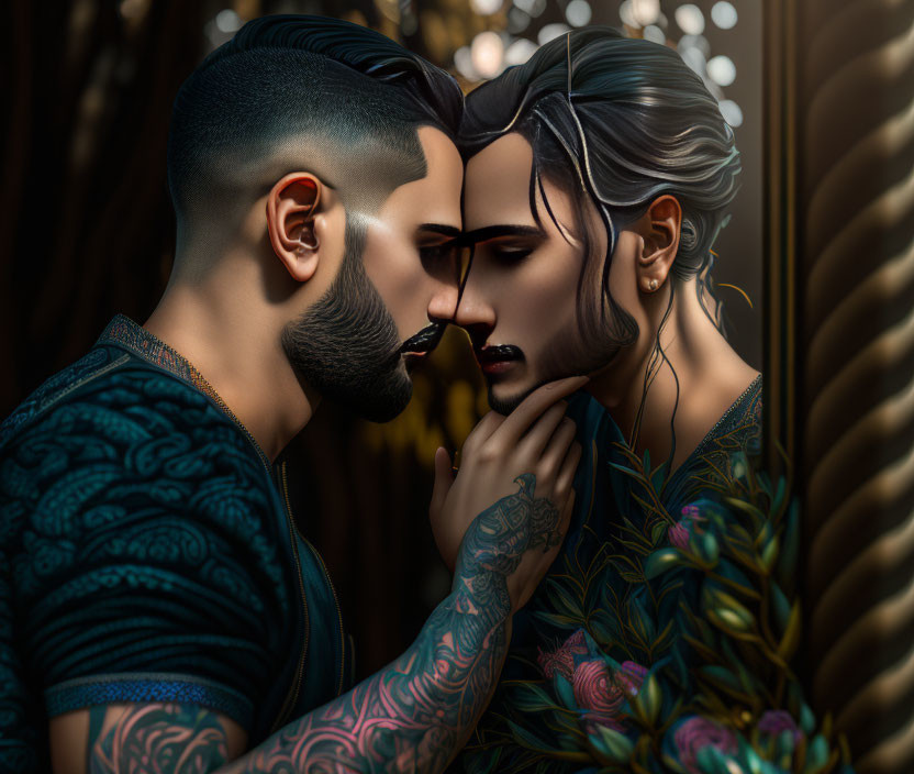 Illustration of two individuals with tattoos in intimate pose