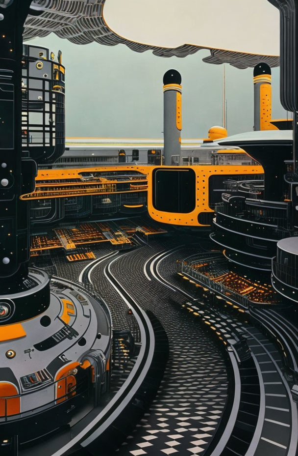 Orange and Black Futuristic Cityscape with Curved Roads and Industrial Structures