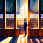 Person in suit reading book in warmly lit library with tall windows and shelves filled with books.