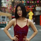 Elegant woman in red dress with wavy hair and jewelry on bokeh background