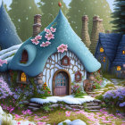 Blue-roofed cottages in snowy landscape with pink flowers and glowing windows