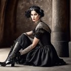 Gothic woman in black dress and headpiece against stone wall