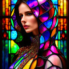 Colorful portrait of a woman with neon-lit hair in futuristic setting