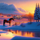 Snowy landscape with horses, frozen river, and village at sunset