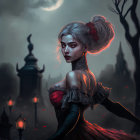 Gothic woman with flamboyant hair in misty graveyard under full moon