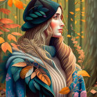 Woman in Blue Beret and Teal Coat Surrounded by Autumn Leaves