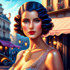 Stylish woman with pearl necklace in vintage street scene